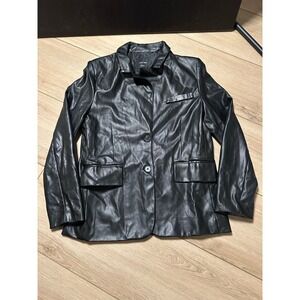 Love Tree Black Faux Leather Blazer Jacket Womens Medium Two Button Pockets